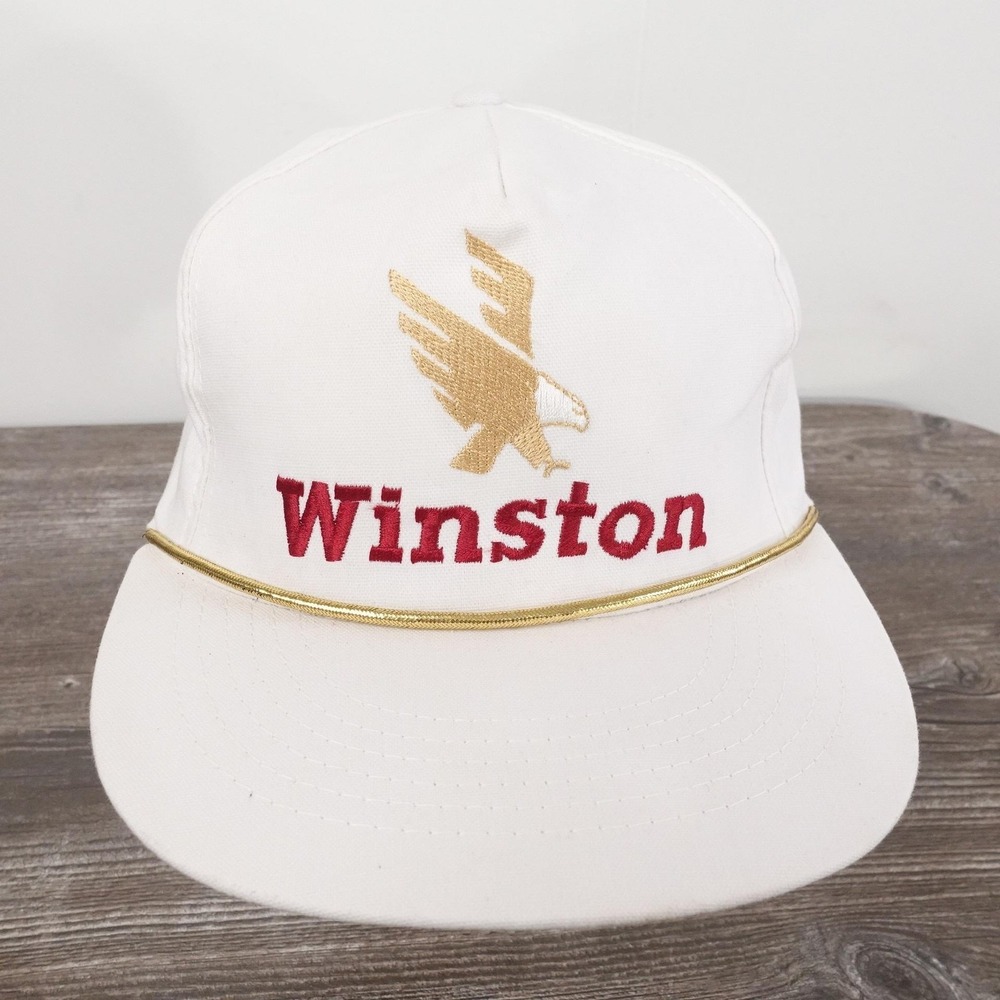 Vintage Winston Hat Cap Snap Back USA 90s White Canvas Gold Rope Embroidered